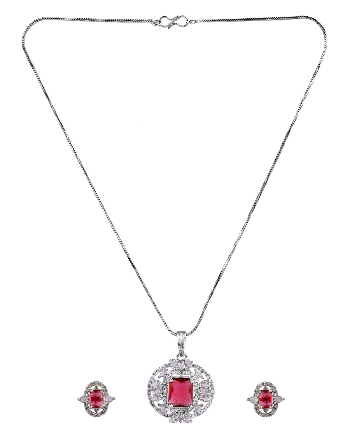 VOJ Silver Plated Ruby Red Rectangular Cz Stone Studded Chain Set | Grocsy