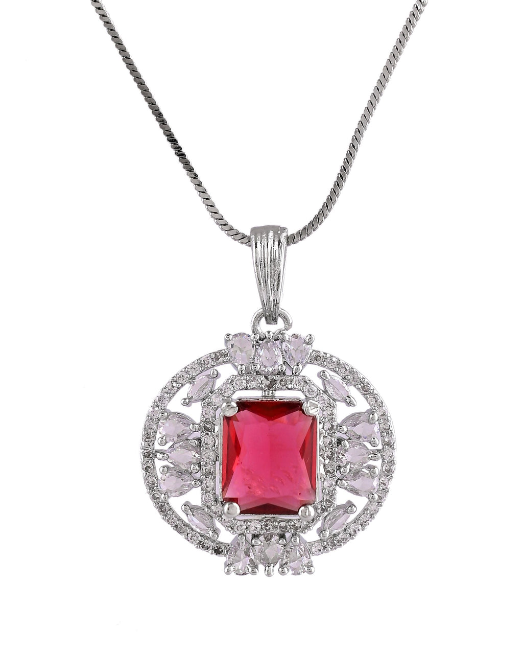 VOJ Silver Plated Ruby Red Rectangular Cz Stone Studded Chain Set | Grocsy