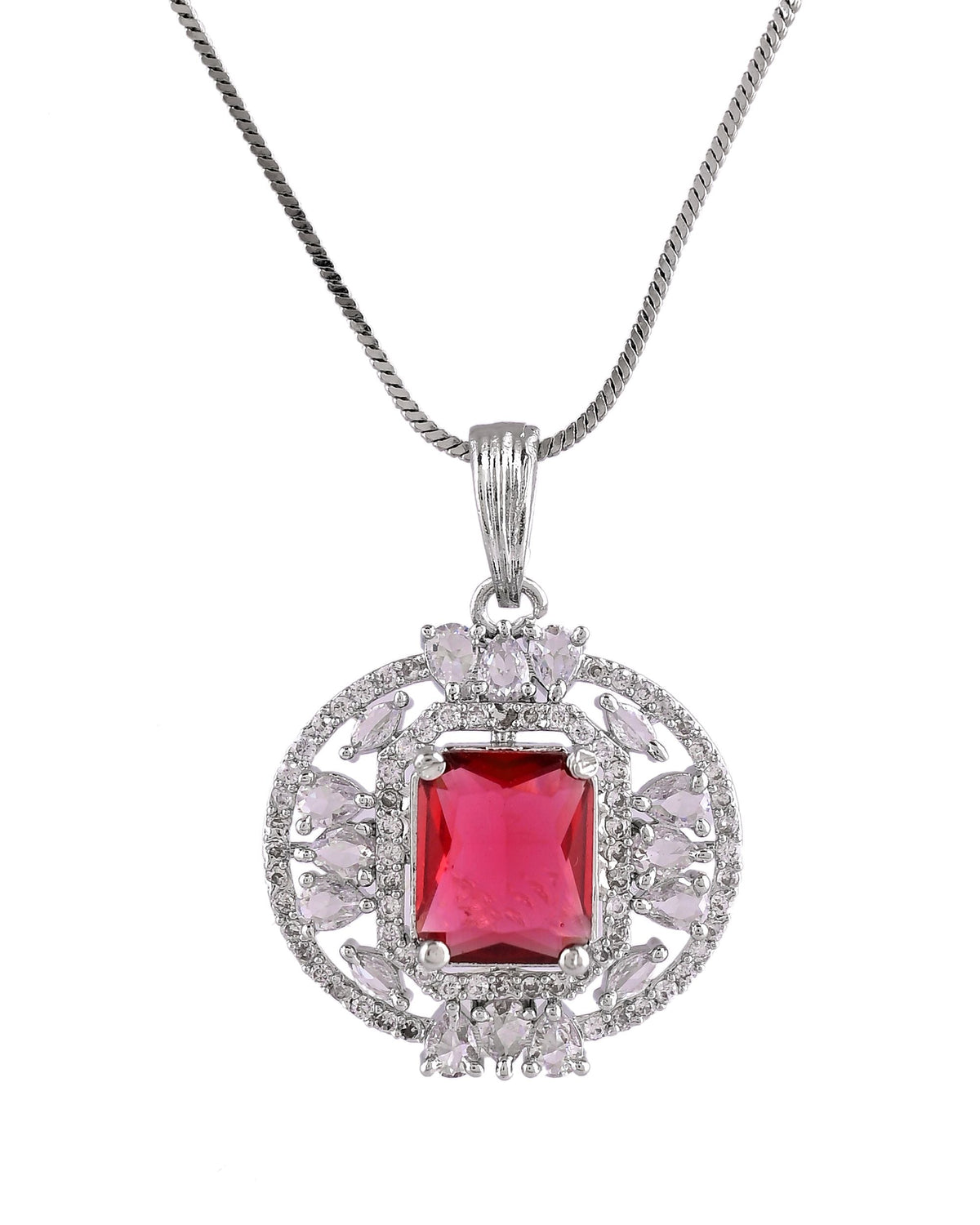 VOJ Silver Plated Ruby Red Rectangular Cz Stone Studded Chain Set | Grocsy