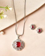 VOJ Silver Plated Ruby Red Rectangular Cz Stone Studded Chain Set | Grocsy