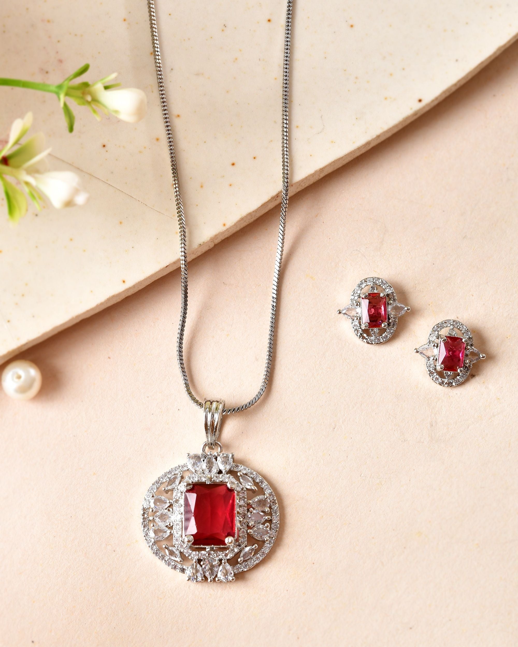 VOJ Silver Plated Ruby Red Rectangular Cz Stone Studded Chain Set | Grocsy