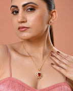 VOJ Gold Plated Ruby Red Rectangular Cz Stone Studded Chain Set | Grocsy