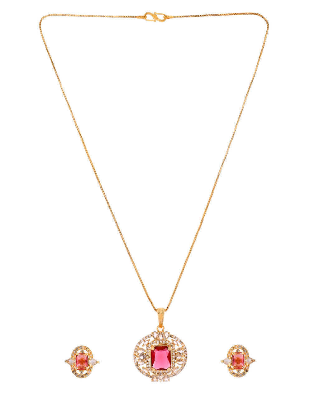 VOJ Gold Plated Ruby Red Rectangular Cz Stone Studded Chain Set | Grocsy