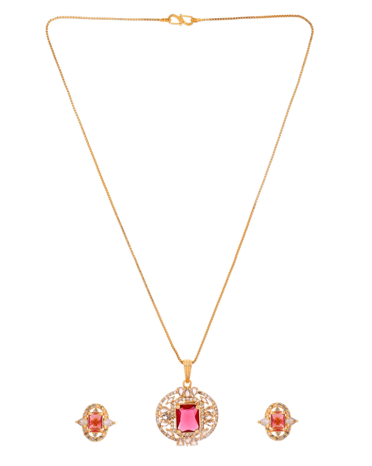 VOJ Gold Plated Ruby Red Rectangular Cz Stone Studded Chain Set | Grocsy