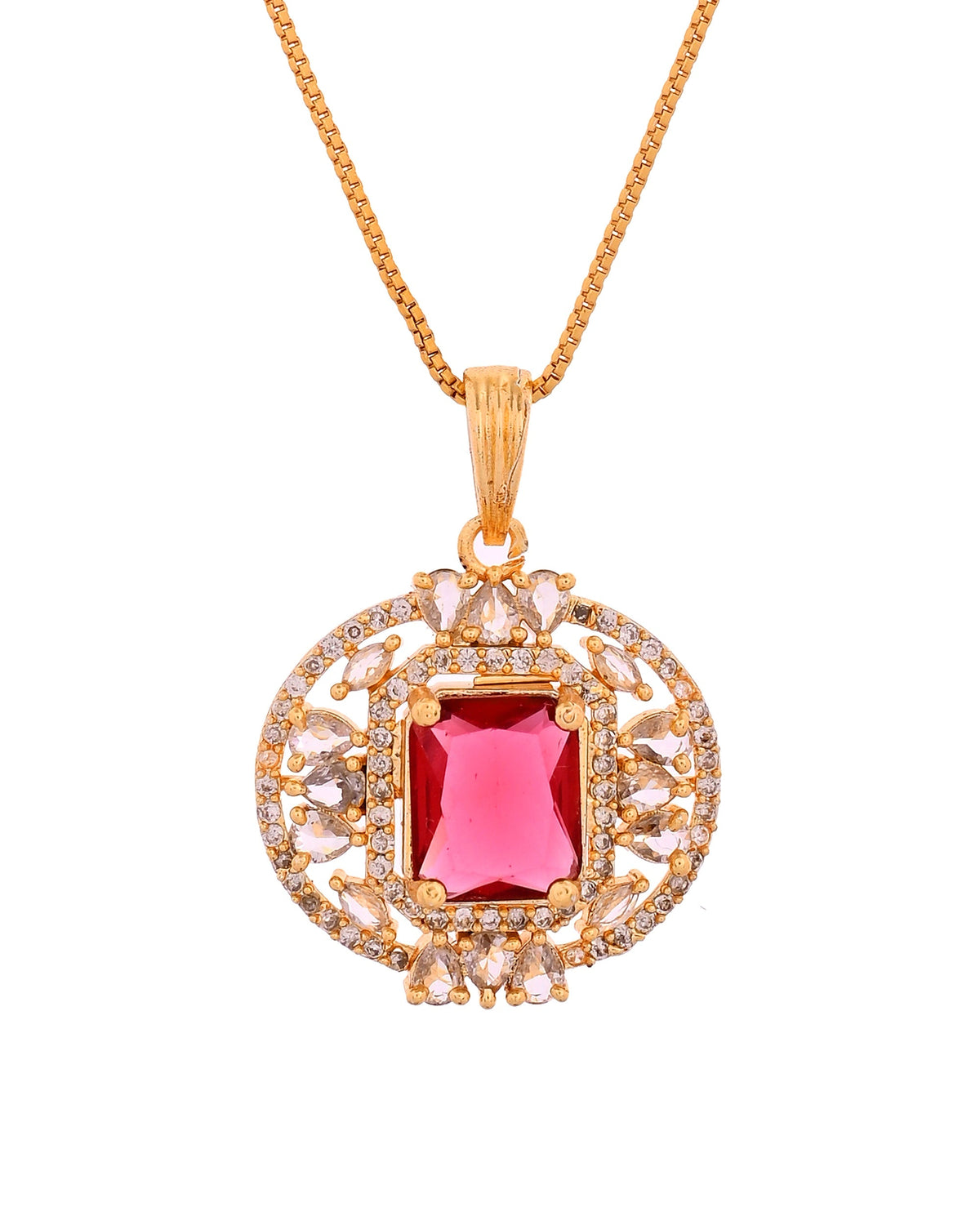 VOJ Gold Plated Ruby Red Rectangular Cz Stone Studded Chain Set | Grocsy