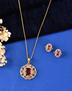 VOJ Gold Plated Ruby Red Rectangular Cz Stone Studded Chain Set | Grocsy