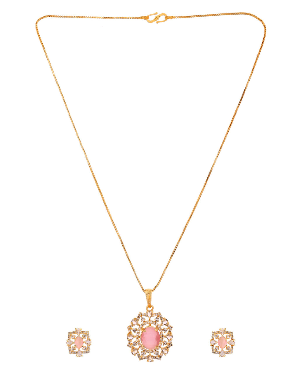 VOJ Gold Toned Baby Pink Oval Stone Studded Sun Shaped Ad Pendant With Chain Set | Grocsy