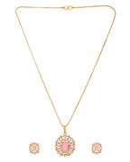 VOJ Gold Toned Baby Pink Oval Stone Studded Sun Shaped Ad Pendant With Chain Set | Grocsy