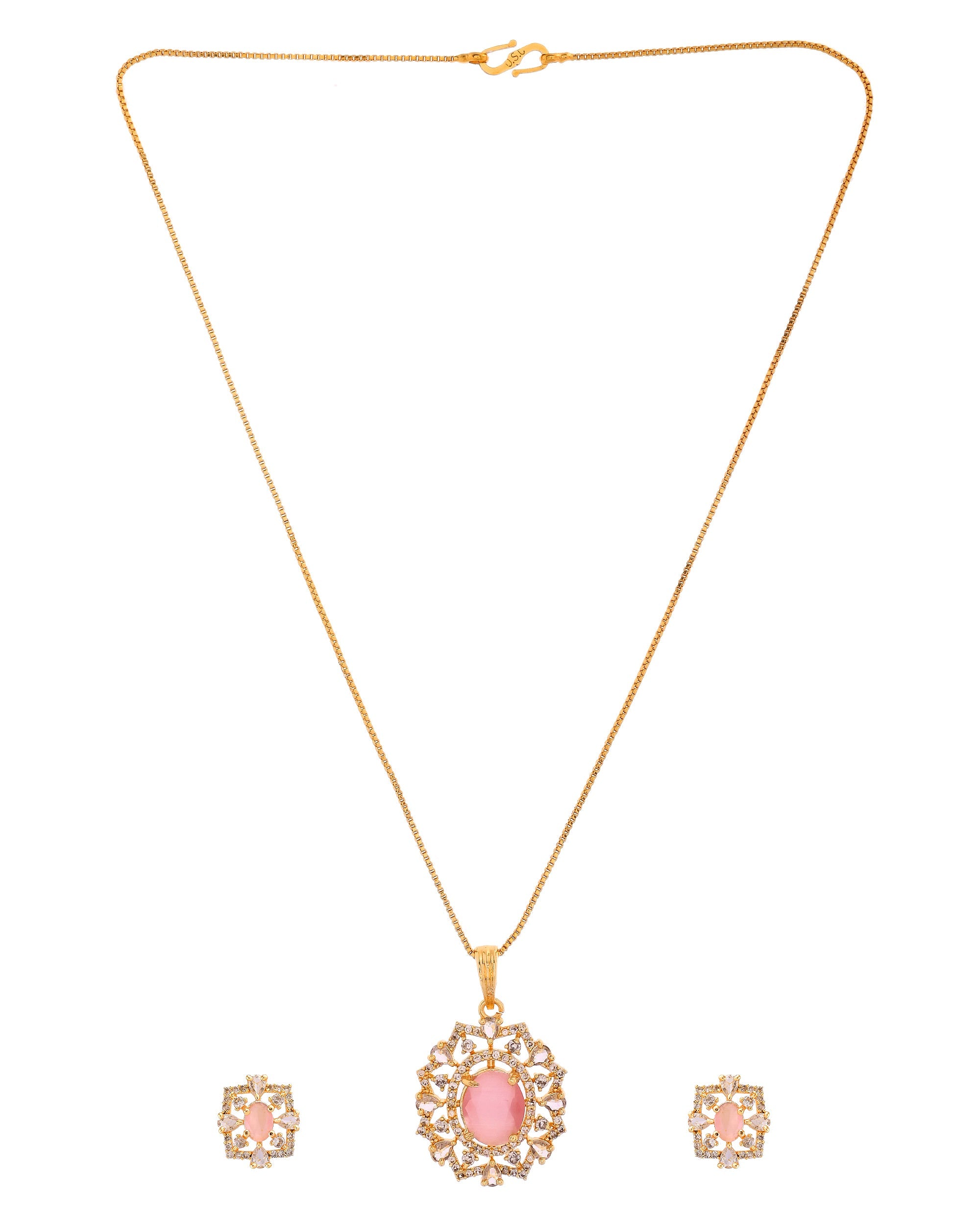 VOJ Gold Toned Baby Pink Oval Stone Studded Sun Shaped Ad Pendant With Chain Set | Grocsy