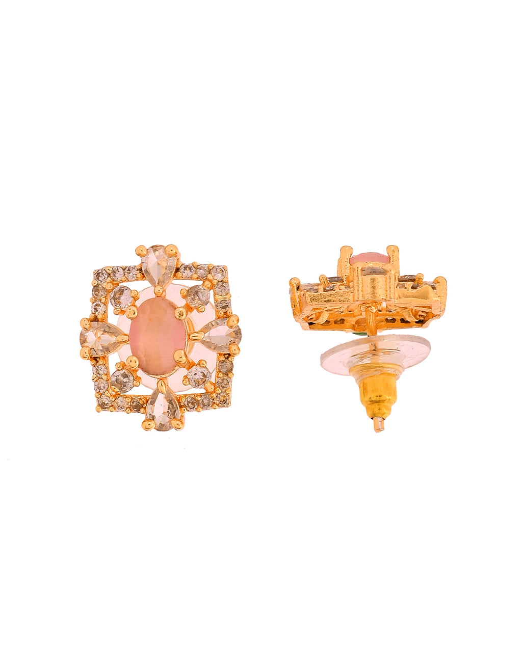 VOJ Gold Toned Baby Pink Oval Stone Studded Sun Shaped Ad Pendant With Chain Set | Grocsy