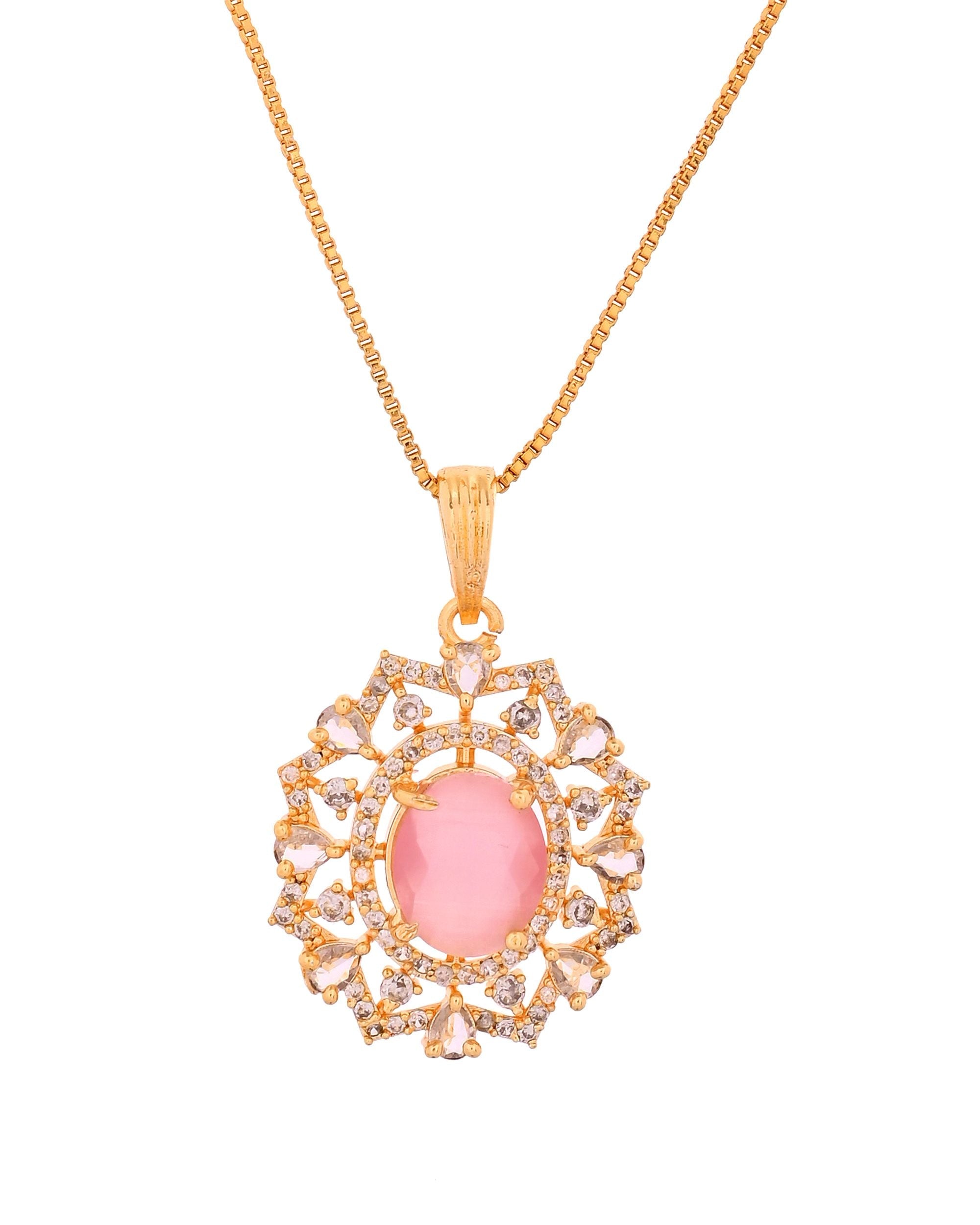VOJ Gold Toned Baby Pink Oval Stone Studded Sun Shaped Ad Pendant With Chain Set | Grocsy