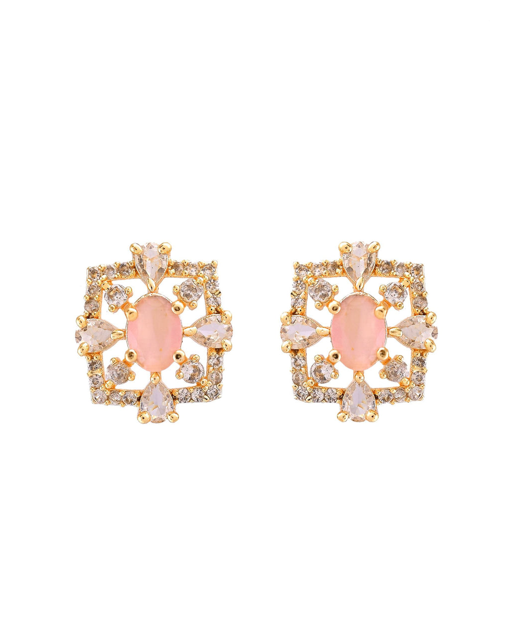 VOJ Gold Toned Baby Pink Oval Stone Studded Sun Shaped Ad Pendant With Chain Set | Grocsy
