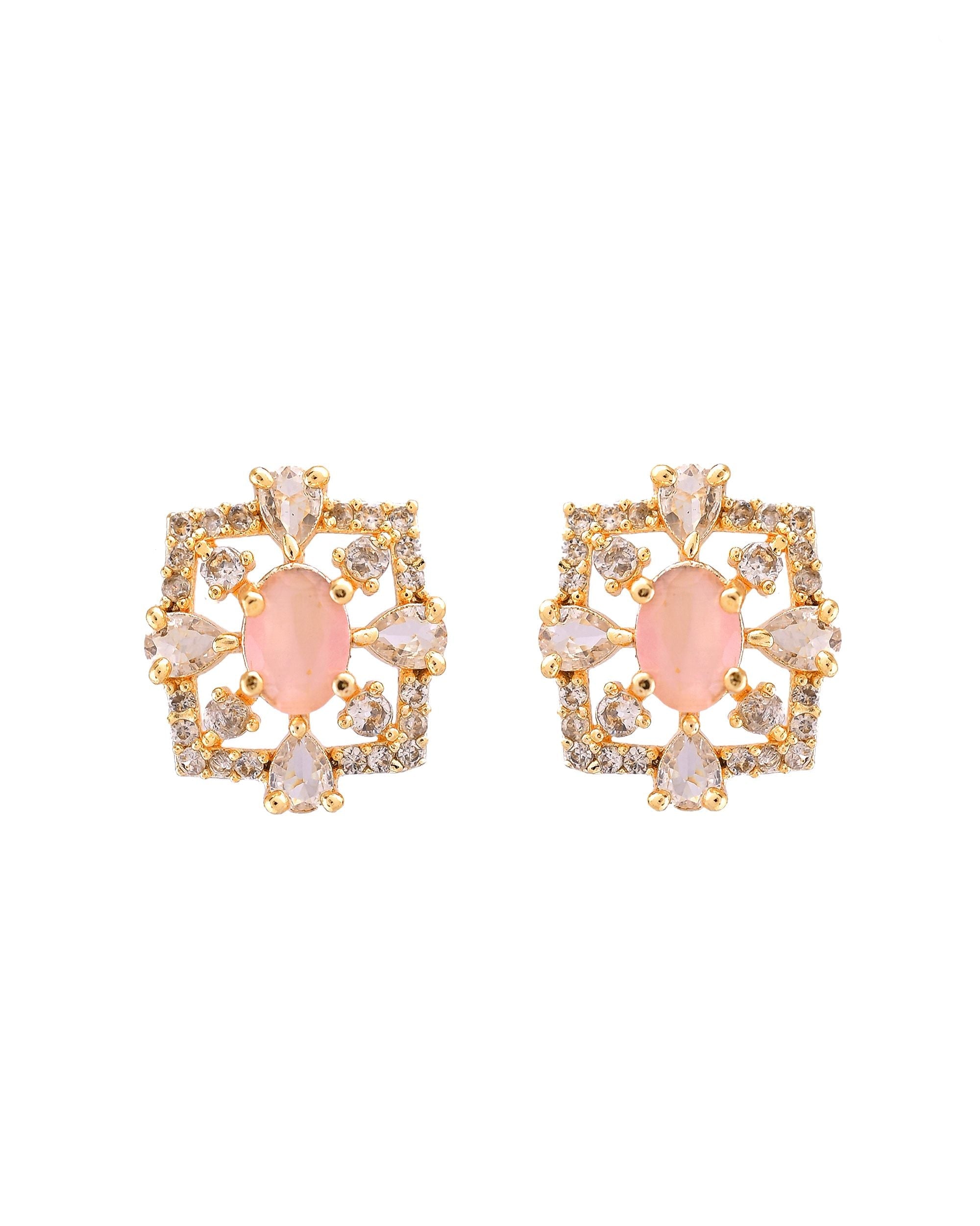 VOJ Gold Toned Baby Pink Oval Stone Studded Sun Shaped Ad Pendant With Chain Set | Grocsy