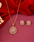 VOJ Gold Toned Baby Pink Oval Stone Studded Sun Shaped Ad Pendant With Chain Set | Grocsy
