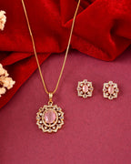 VOJ Gold Toned Baby Pink Oval Stone Studded Sun Shaped Ad Pendant With Chain Set | Grocsy