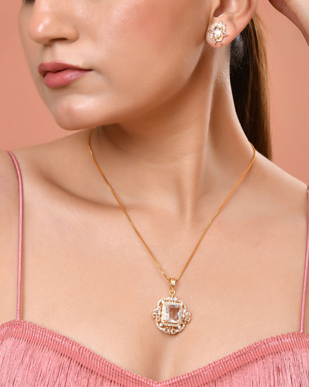VOJ Gold Toned Rectangular Shaped Ad Chain Set | Grocsy