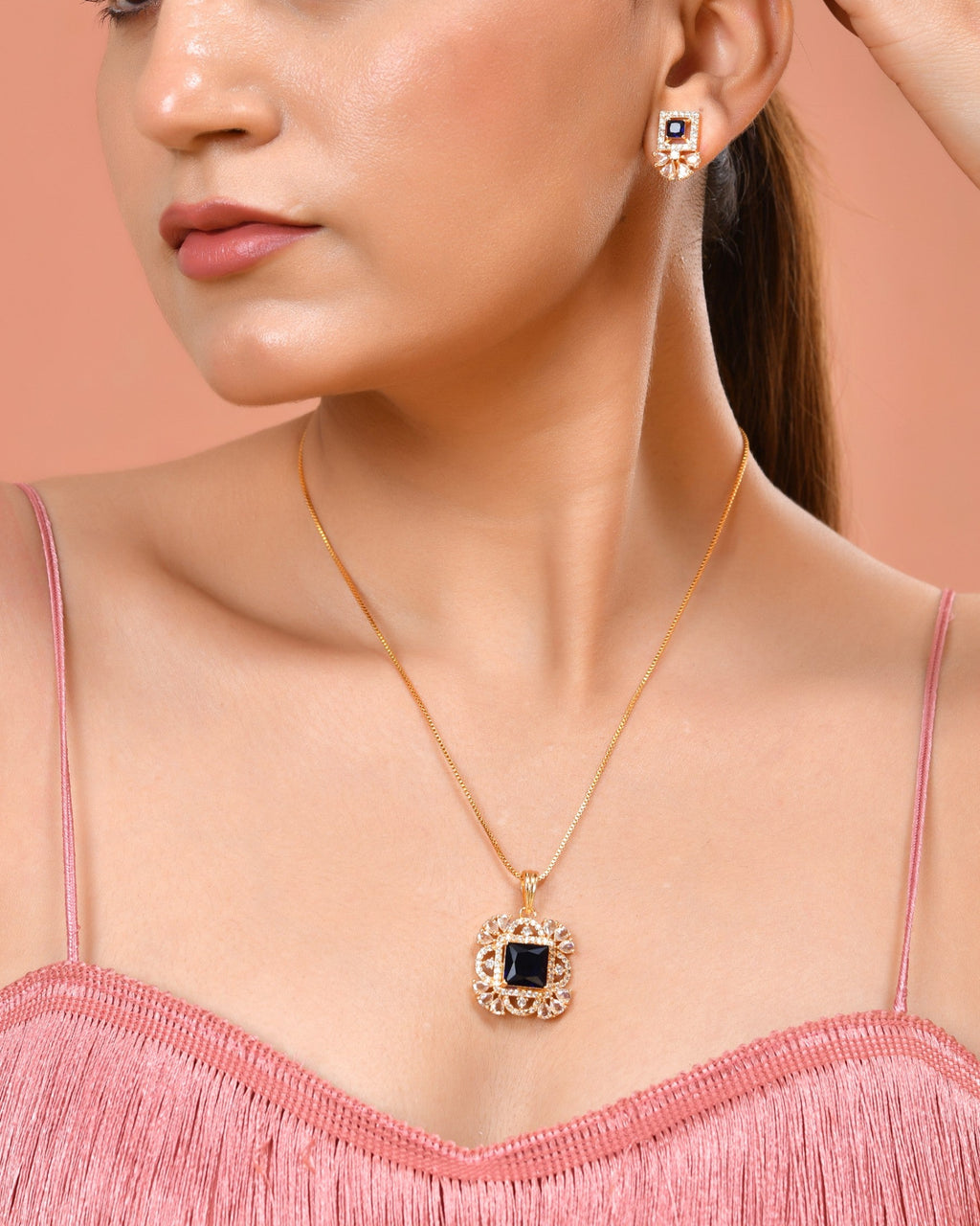 VOJ Gold Plated Blue Square Shaped Stone Studded Ad Chain Set | Grocsy