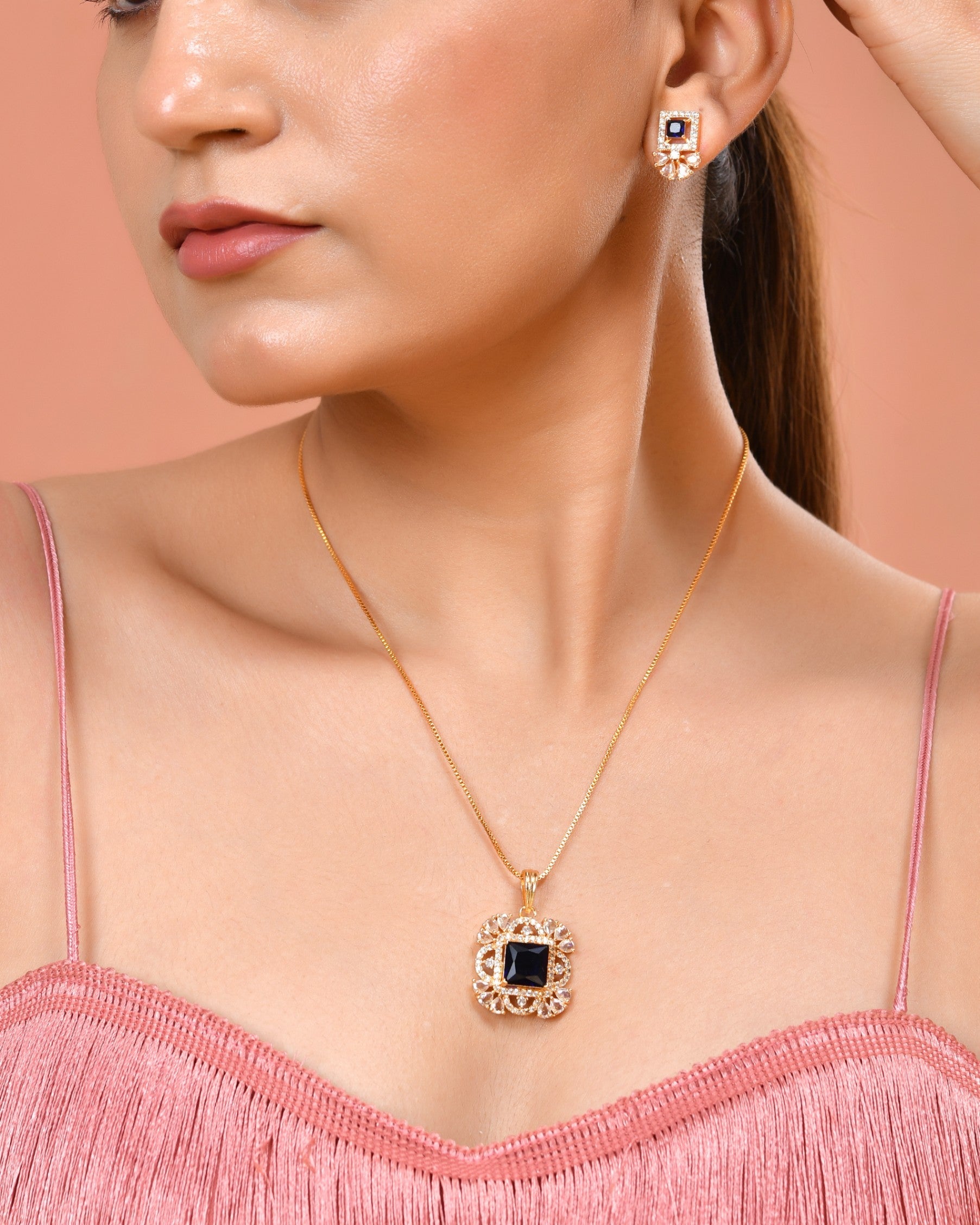 VOJ Gold Plated Blue Square Shaped Stone Studded Ad Chain Set | Grocsy