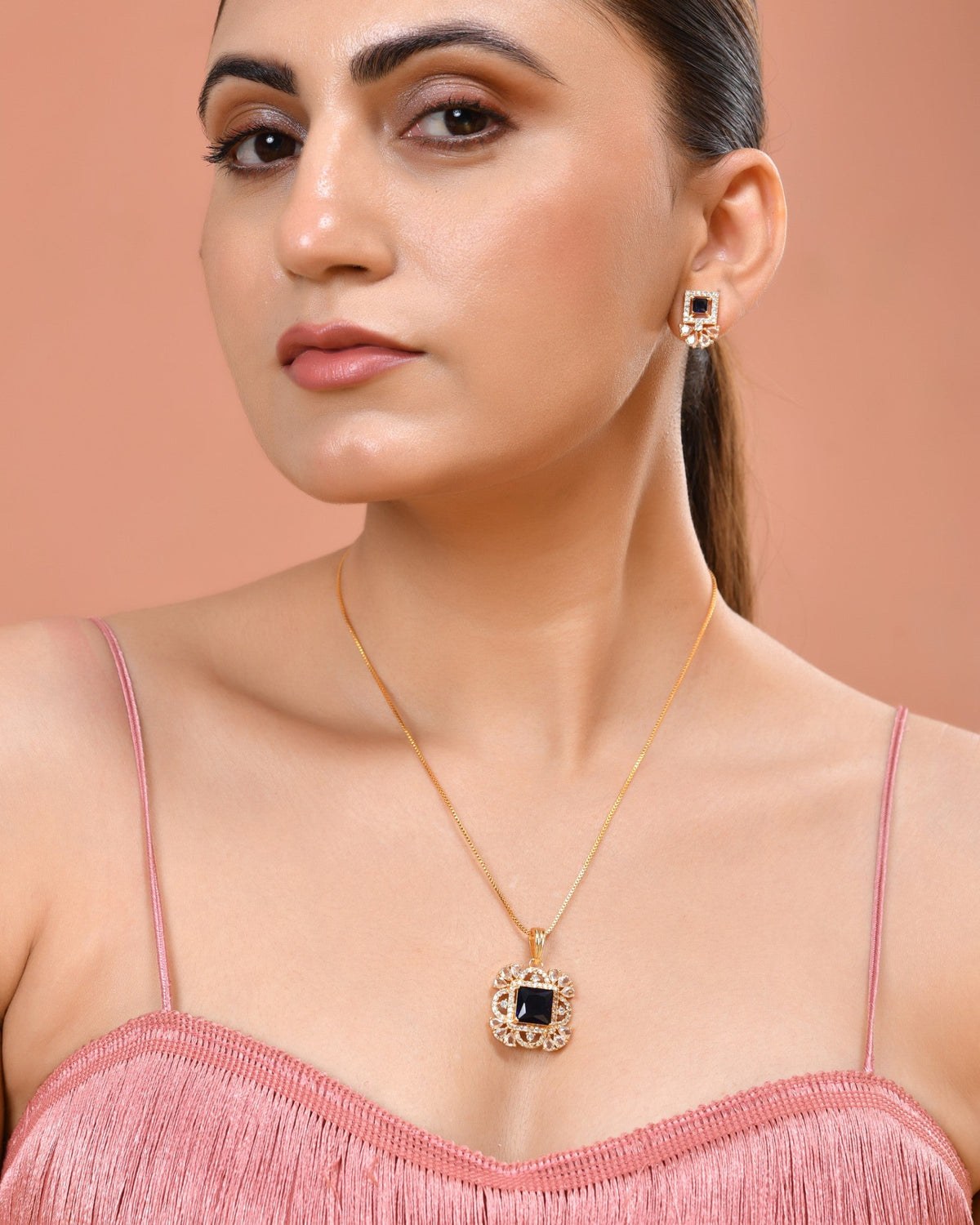 VOJ Gold Plated Blue Square Shaped Stone Studded Ad Chain Set | Grocsy