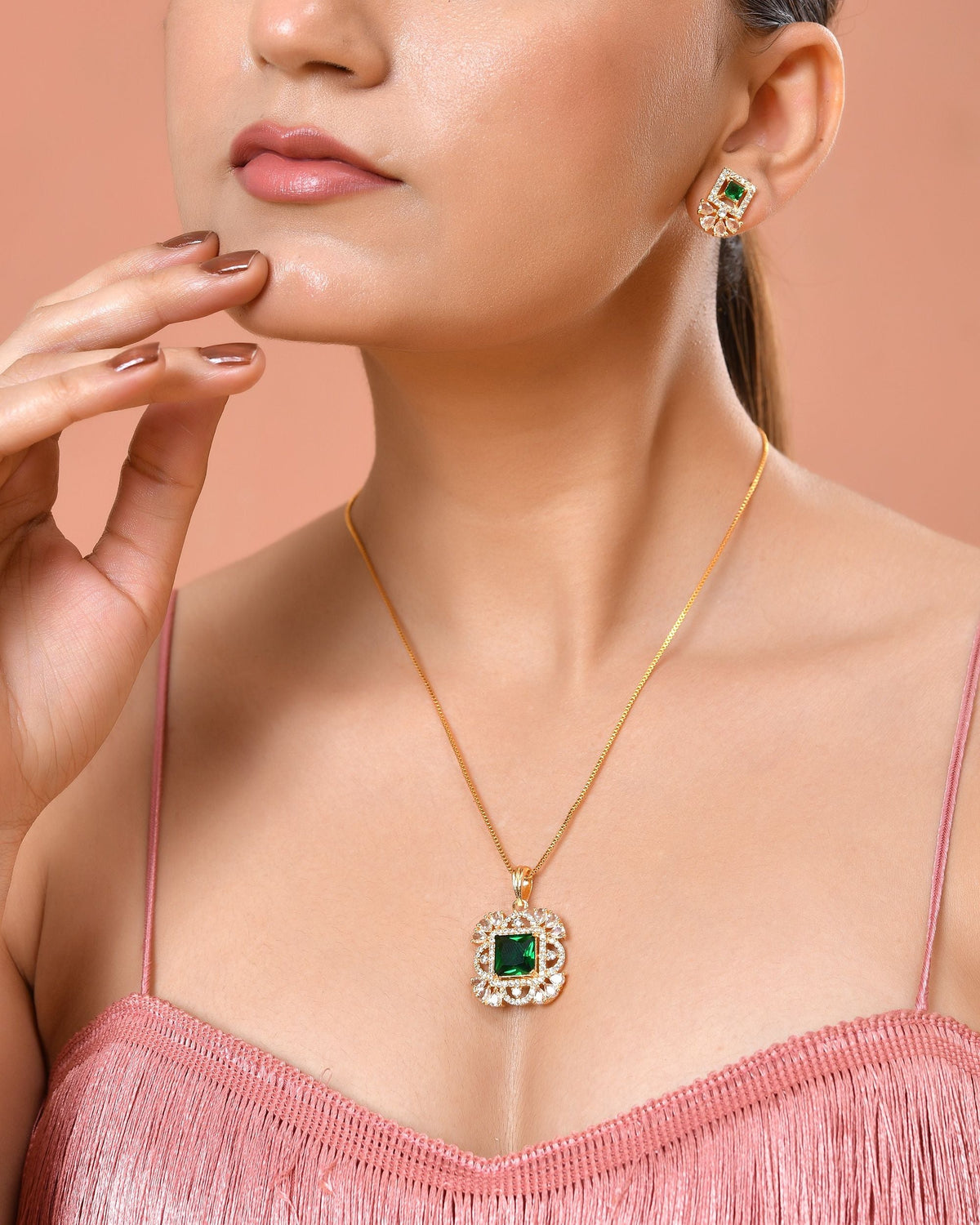 VOJ Gold Plated Green Square Shaped Stone Studded Ad Chain Set | Grocsy