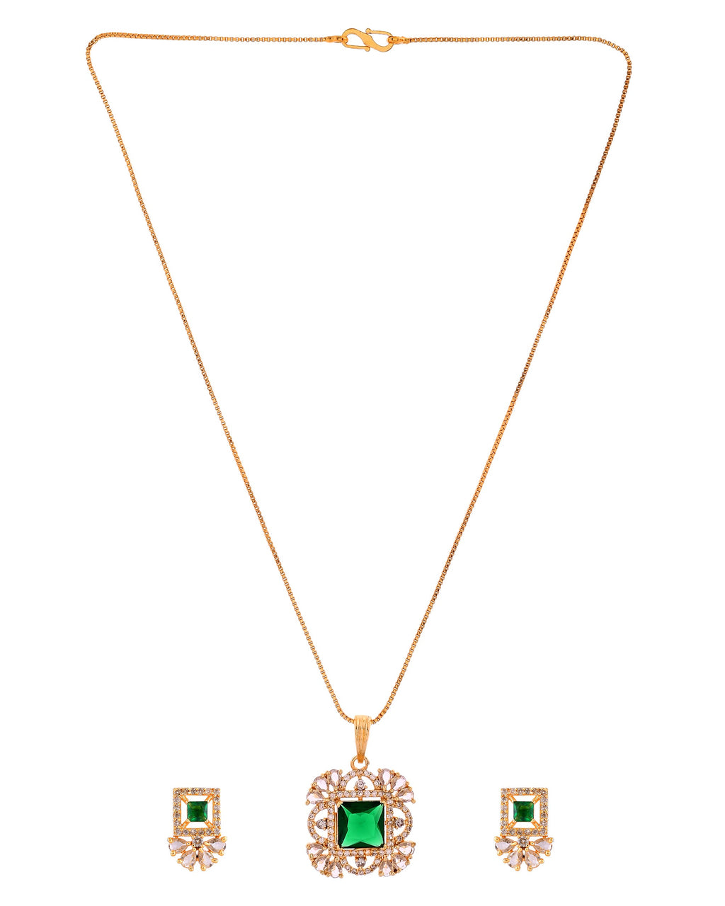 VOJ Gold Plated Green Square Shaped Stone Studded Ad Chain Set | Grocsy