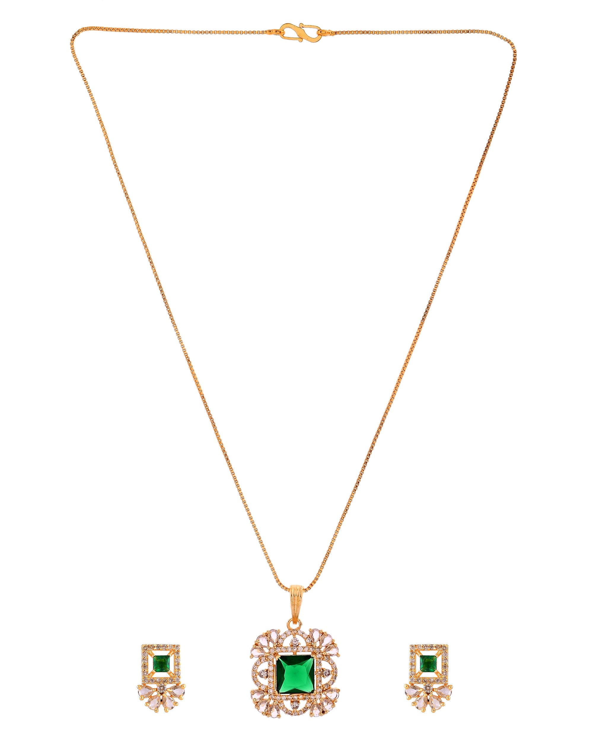 VOJ Gold Plated Green Square Shaped Stone Studded Ad Chain Set | Grocsy
