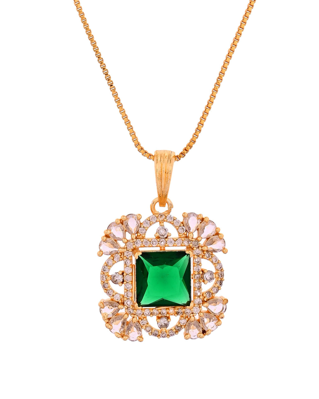 VOJ Gold Plated Green Square Shaped Stone Studded Ad Chain Set | Grocsy