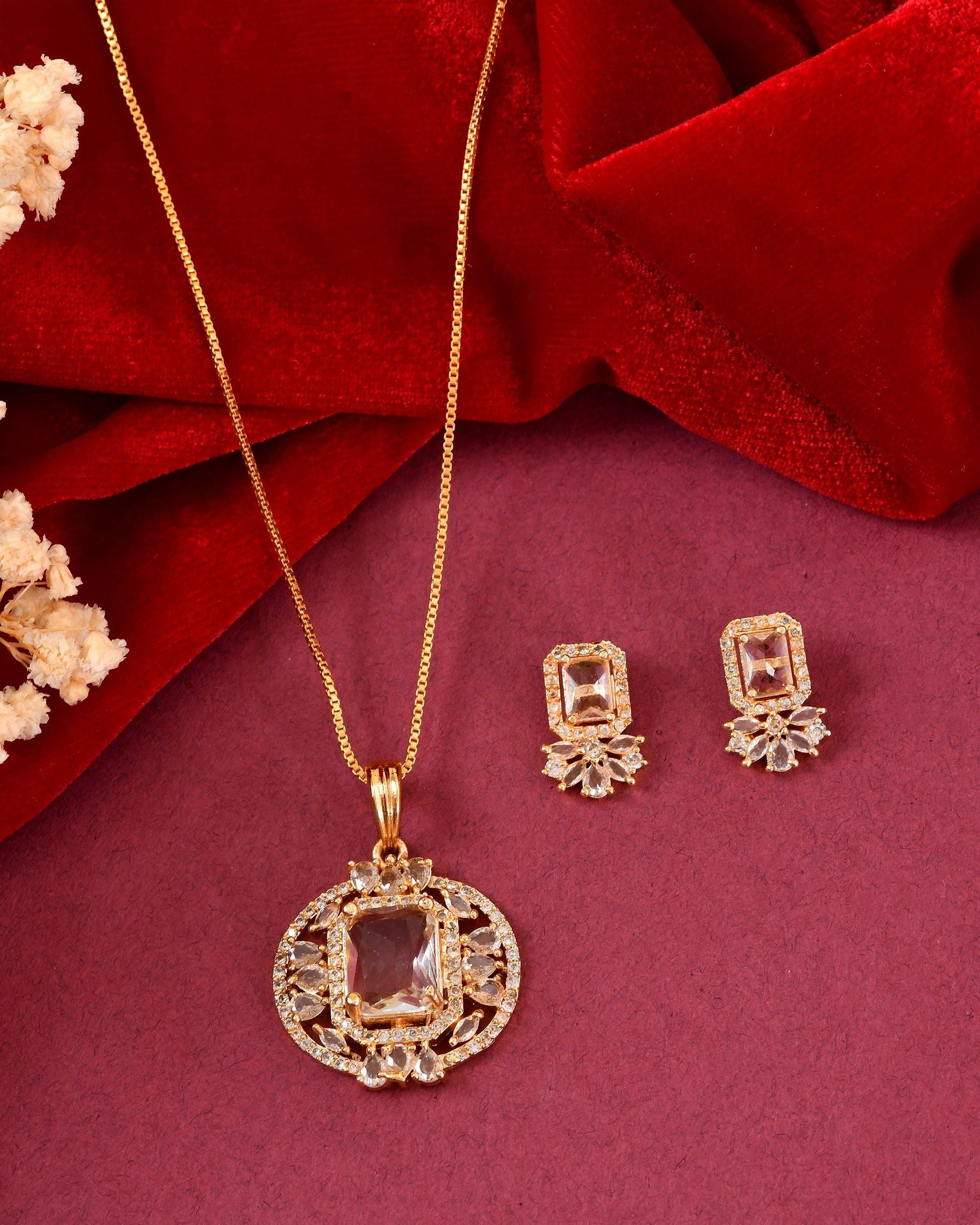 VOJ Gold Plated Rectangular Shaped Cz Stone Studded Chain Set | Grocsy