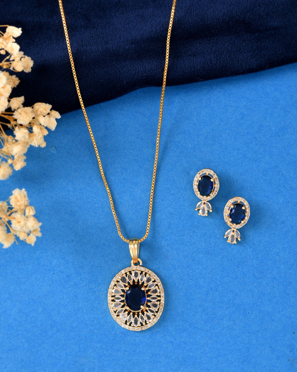 VOJ Gold Plated Blue Oval Shaped Cz Chain Set | Grocsy