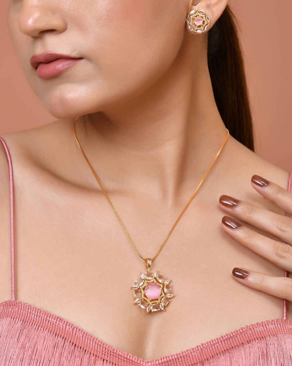 VOJ Gold Plated Baby Pink Circular Stone Studded Floral Cz Chain Set | Grocsy