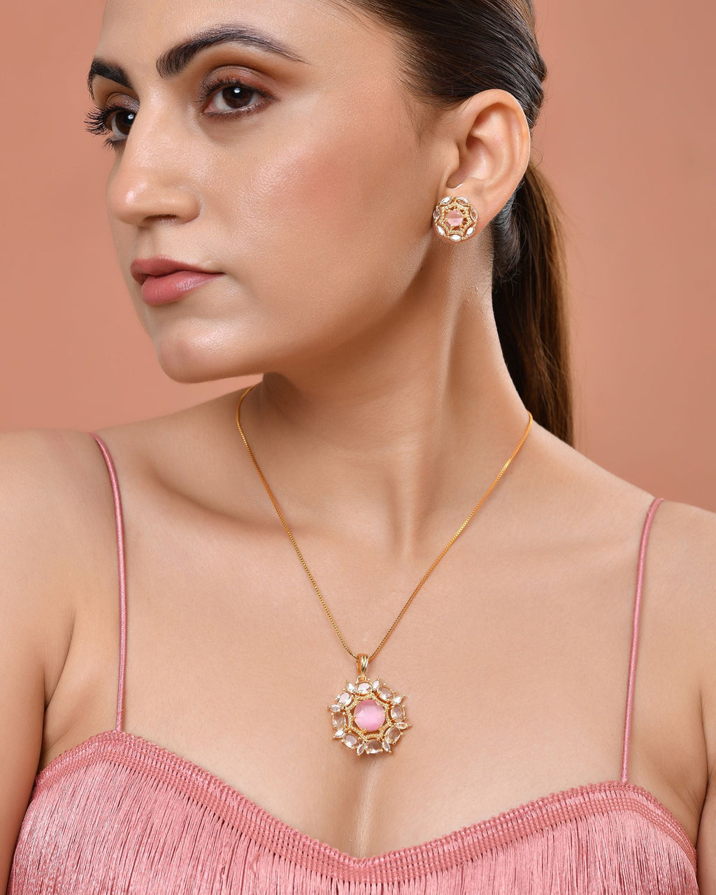 VOJ Gold Plated Baby Pink Circular Stone Studded Floral Cz Chain Set | Grocsy