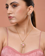 VOJ Gold Plated Baby Pink Circular Stone Studded Floral Cz Chain Set | Grocsy