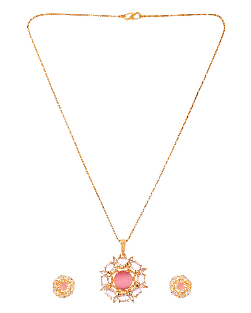 VOJ Gold Plated Baby Pink Circular Stone Studded Floral Cz Chain Set | Grocsy