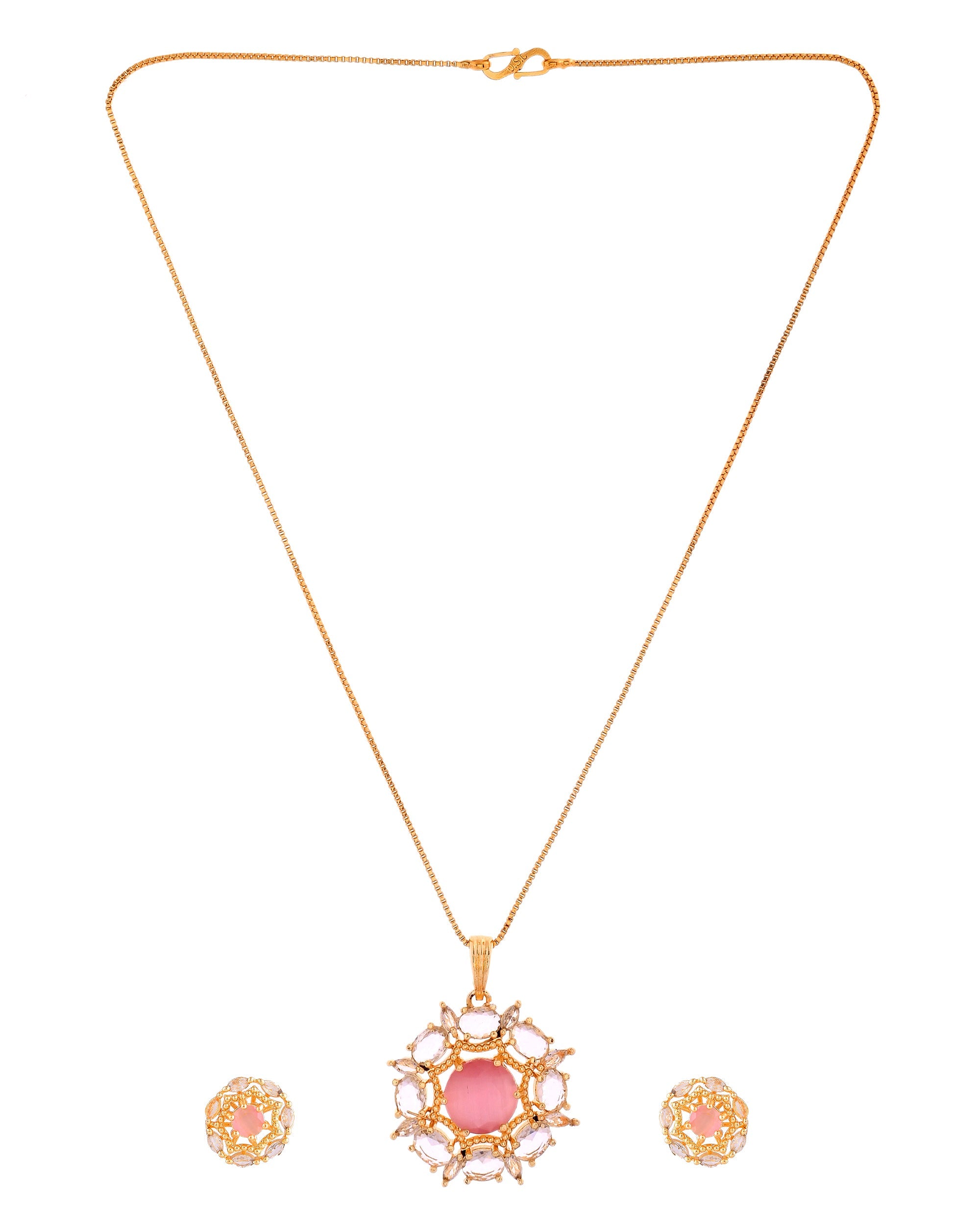 VOJ Gold Plated Baby Pink Circular Stone Studded Floral Cz Chain Set | Grocsy