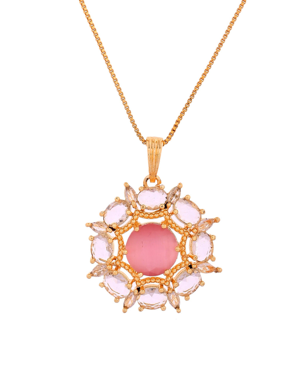 VOJ Gold Plated Baby Pink Circular Stone Studded Floral Cz Chain Set | Grocsy