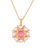 VOJ Gold Plated Baby Pink Circular Stone Studded Floral Cz Chain Set | Grocsy