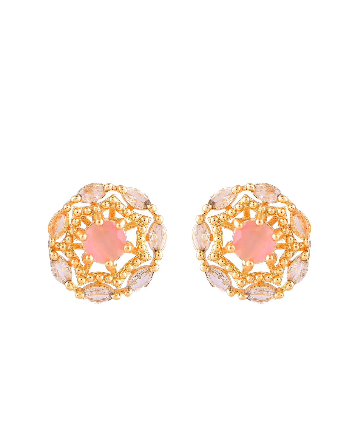 VOJ Gold Plated Baby Pink Circular Stone Studded Floral Cz Chain Set | Grocsy