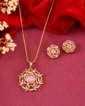 VOJ Gold Plated Baby Pink Circular Stone Studded Floral Cz Chain Set | Grocsy