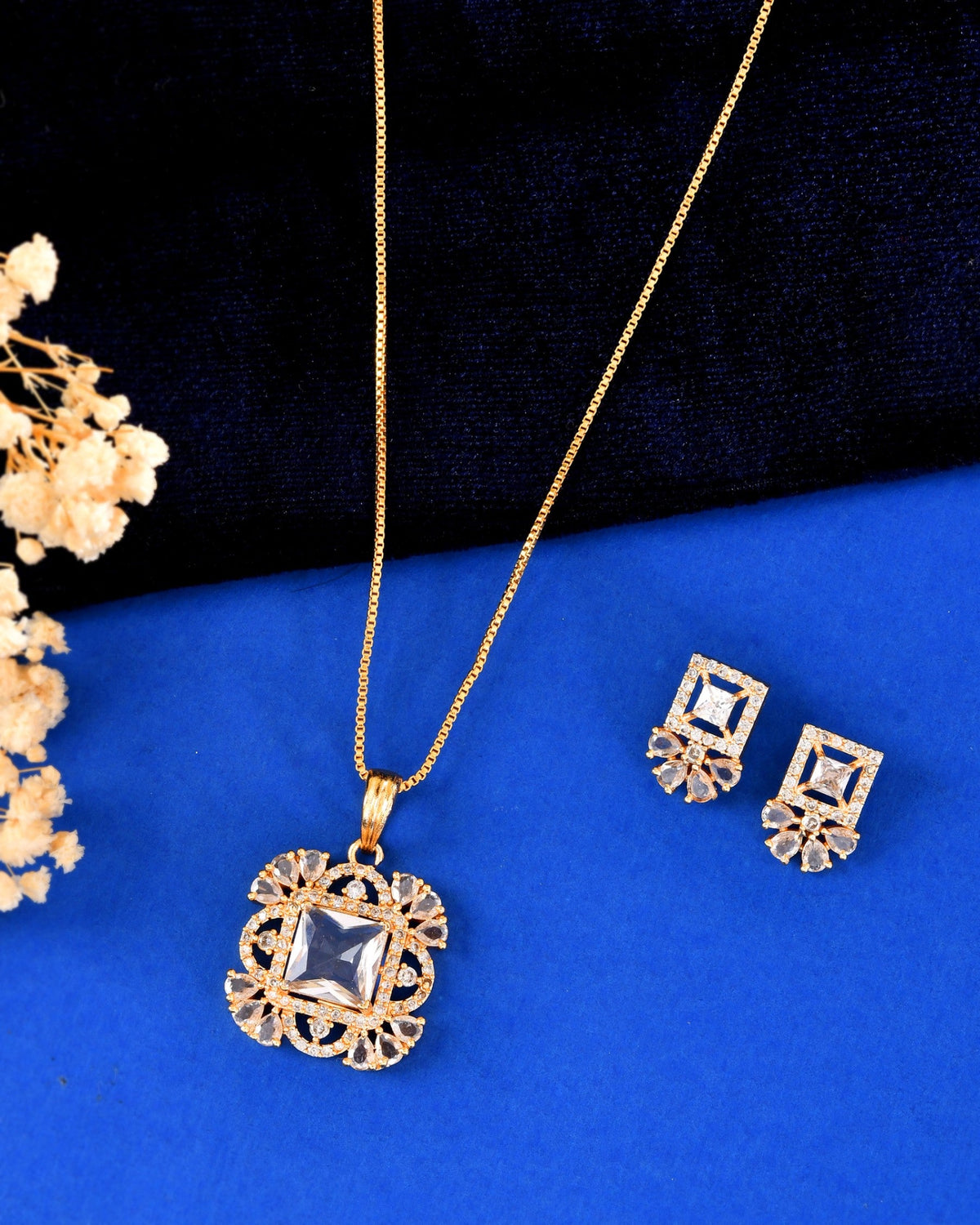 VOJ Gold Tone Square Shaped Cz Chain Set | Grocsy
