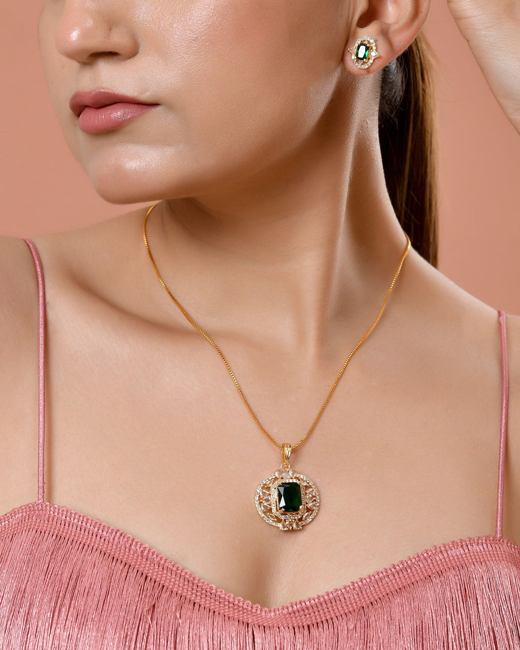 VOJ Gold Toned Green Rectangular Shaped Cz Chain Set | Grocsy