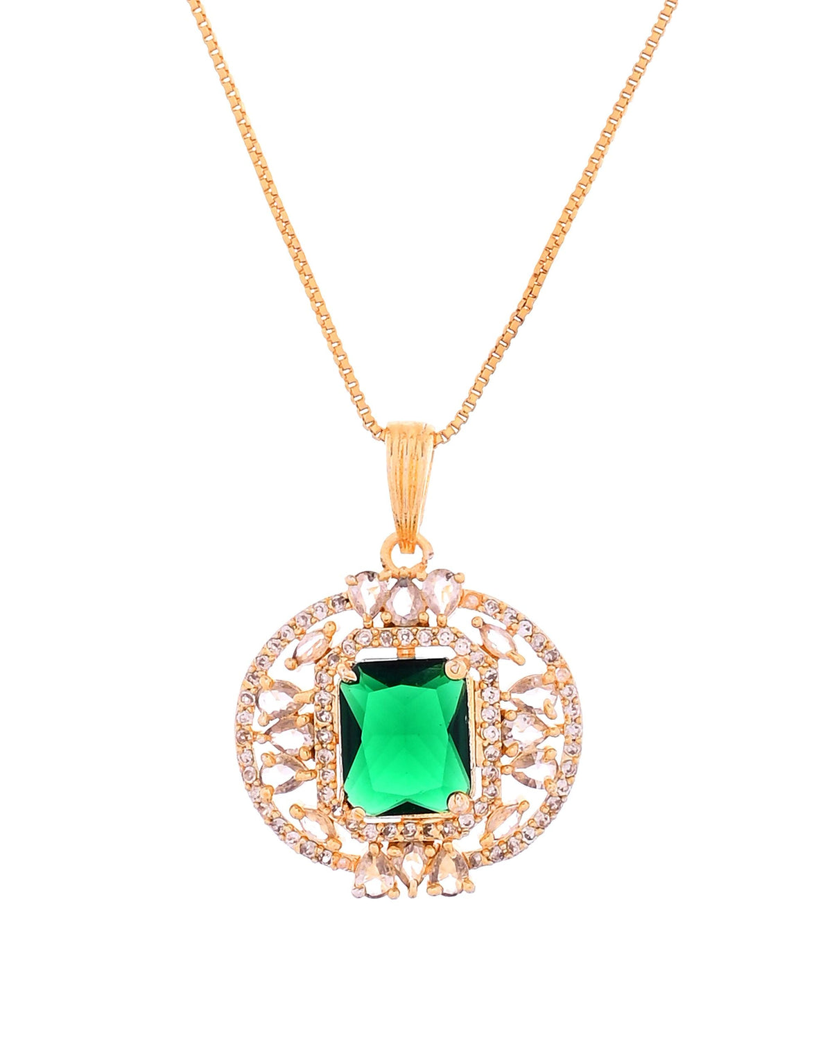 VOJ Gold Toned Green Rectangular Shaped Cz Chain Set | Grocsy