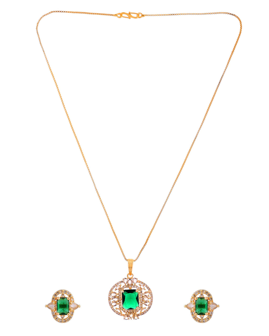 VOJ Gold Toned Green Rectangular Shaped Cz Chain Set | Grocsy