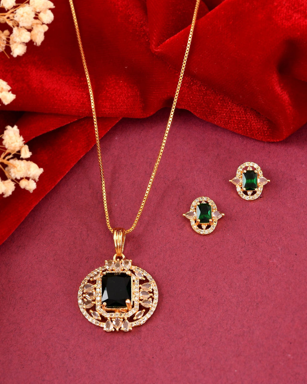 VOJ Gold Toned Green Rectangular Shaped Cz Chain Set | Grocsy