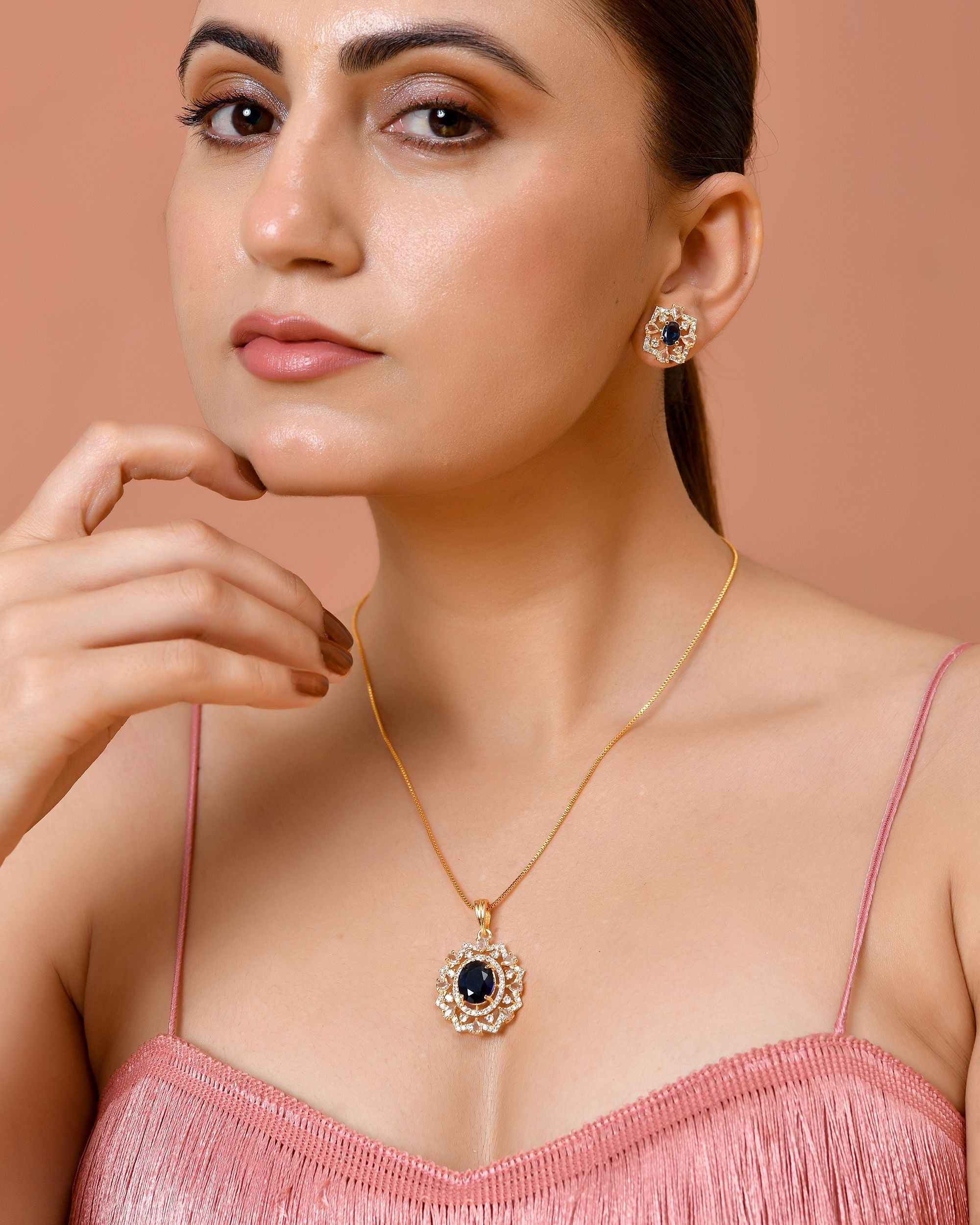 VOJ Gold Plated Circulare Blue Cz Stone Studded Chain Set | Grocsy