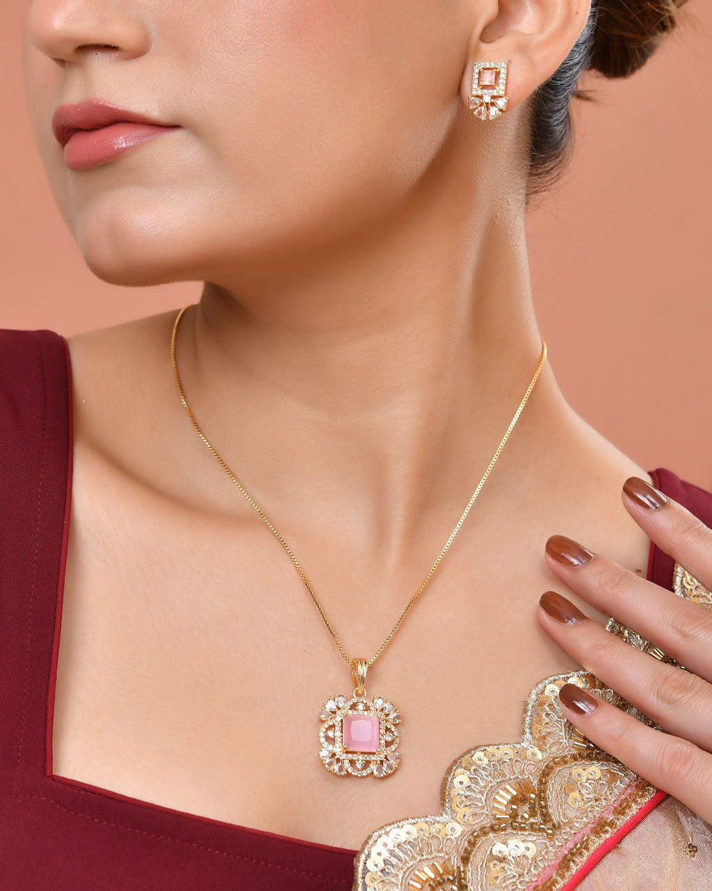 VOJ Gold Plated Baby Pink Square Ad Stone Studded Chain Set | Grocsy