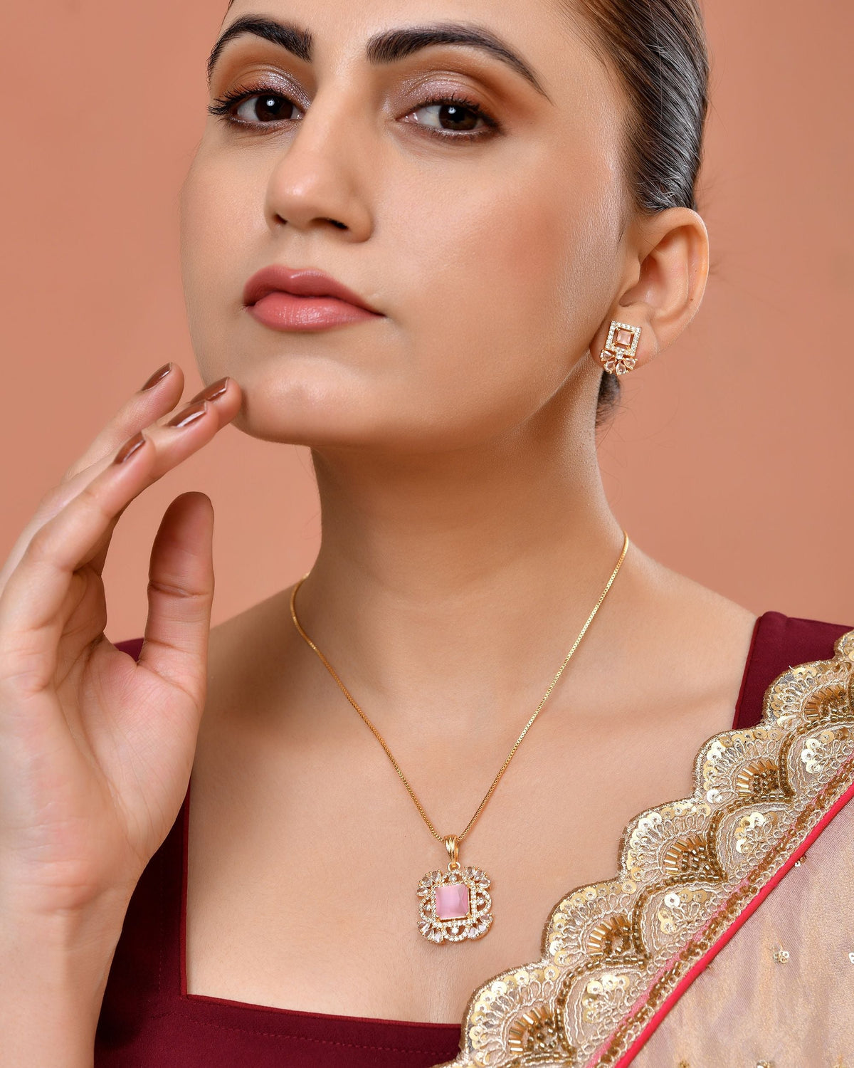 VOJ Gold Plated Baby Pink Square Ad Stone Studded Chain Set | Grocsy