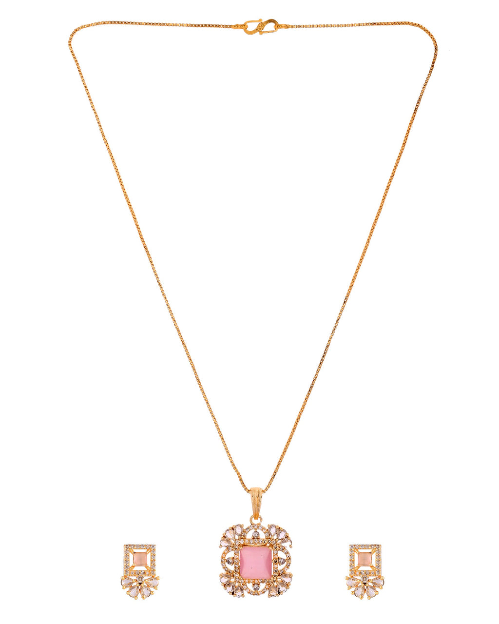 VOJ Gold Plated Baby Pink Square Ad Stone Studded Chain Set | Grocsy