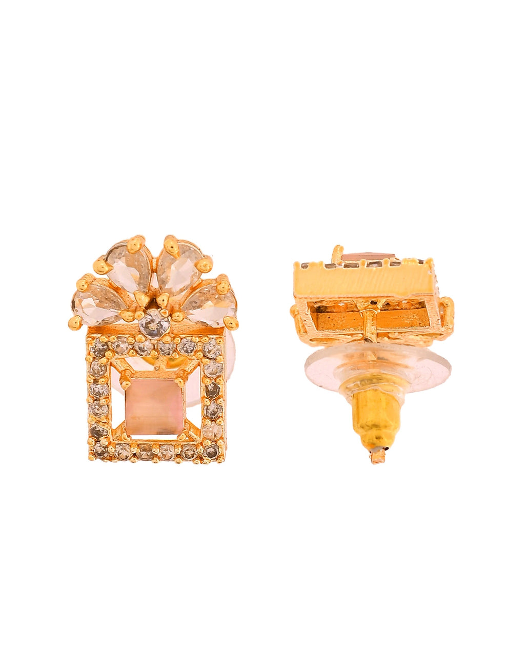 VOJ Gold Plated Baby Pink Square Ad Stone Studded Chain Set | Grocsy