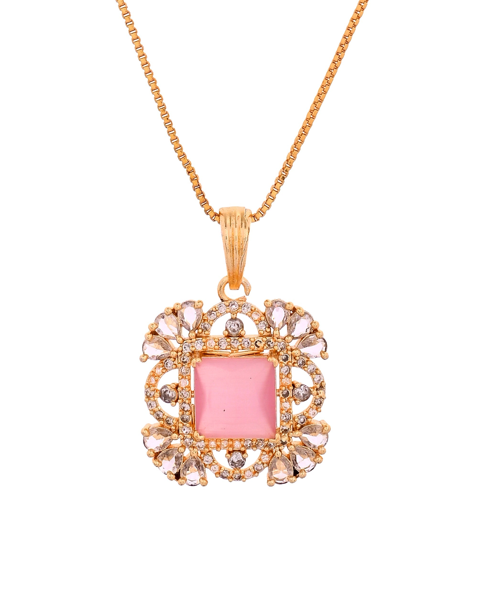 VOJ Gold Plated Baby Pink Square Ad Stone Studded Chain Set | Grocsy