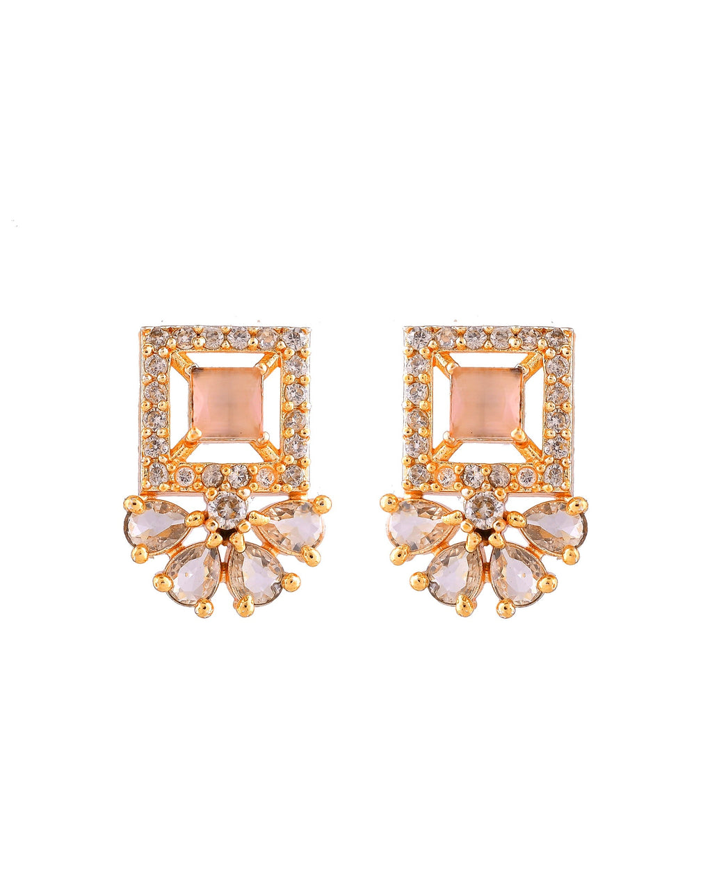 VOJ Gold Plated Baby Pink Square Ad Stone Studded Chain Set | Grocsy
